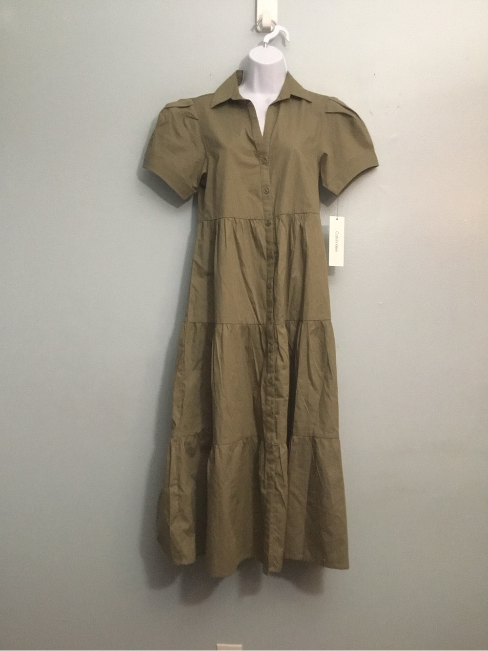 Calvin Klein Olive Tiered Button-Front Midi Dress size 2